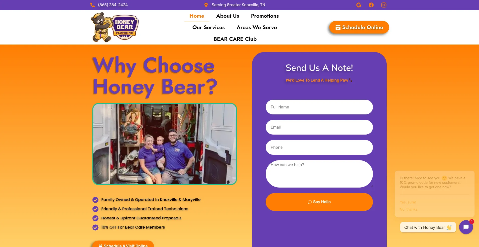 Website screenshot of Honeybearplumbing.com