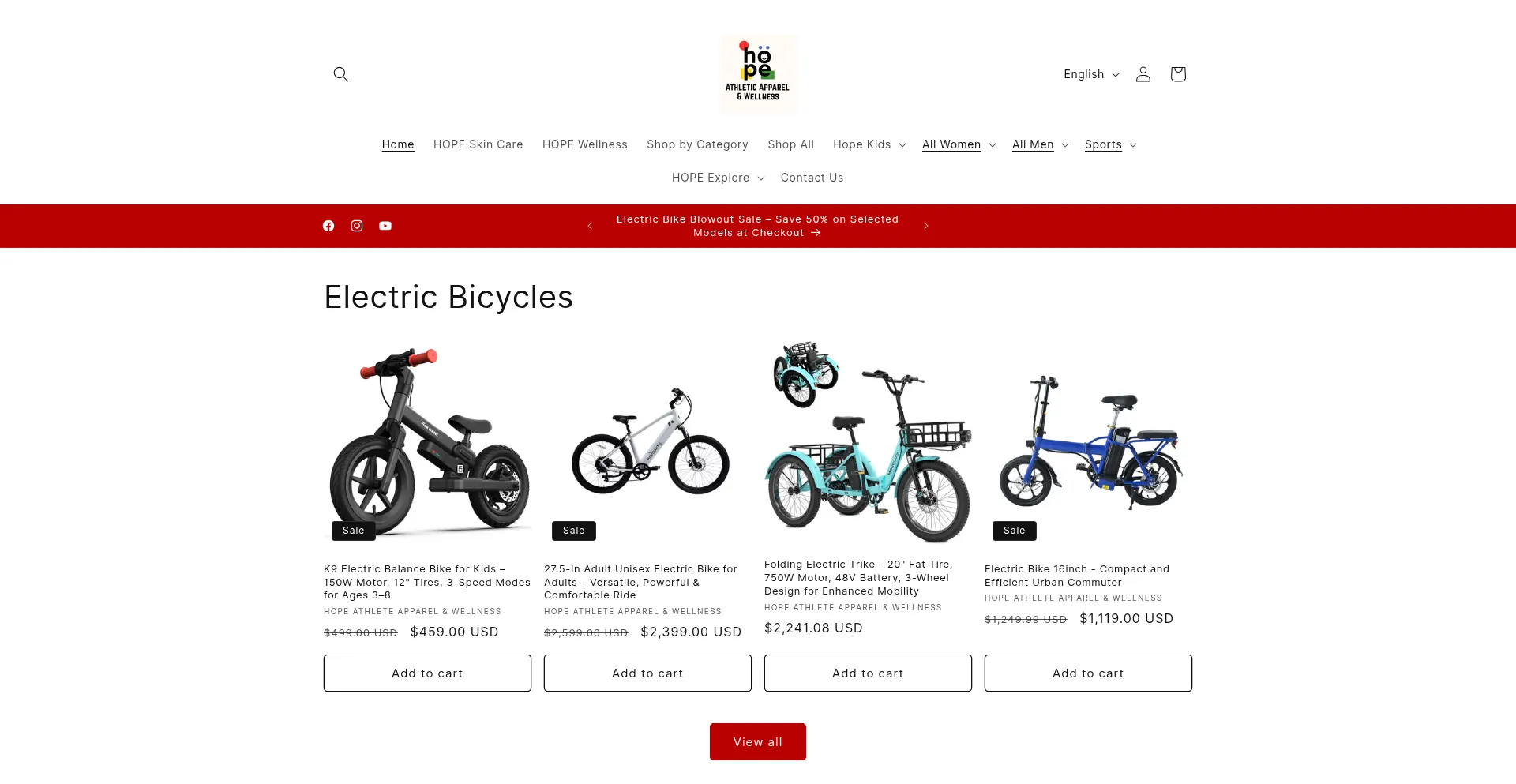 Website screenshot of Hopeathleticwear.com