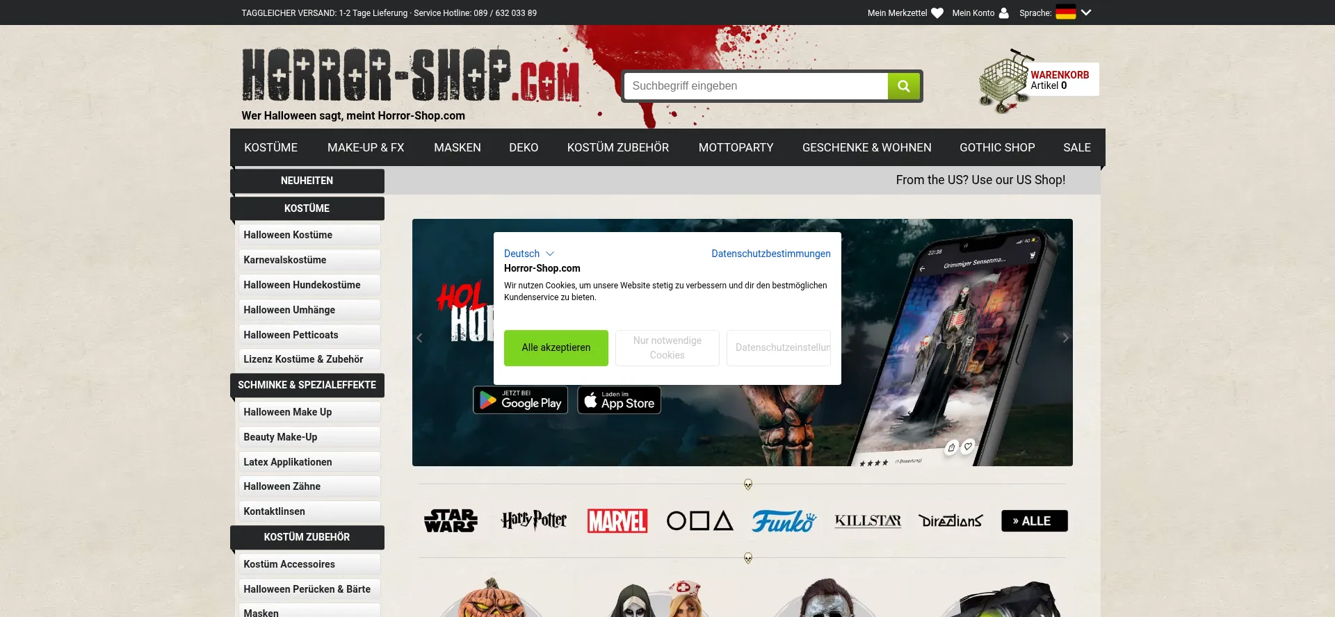 Website screenshot of Horror-shop.com