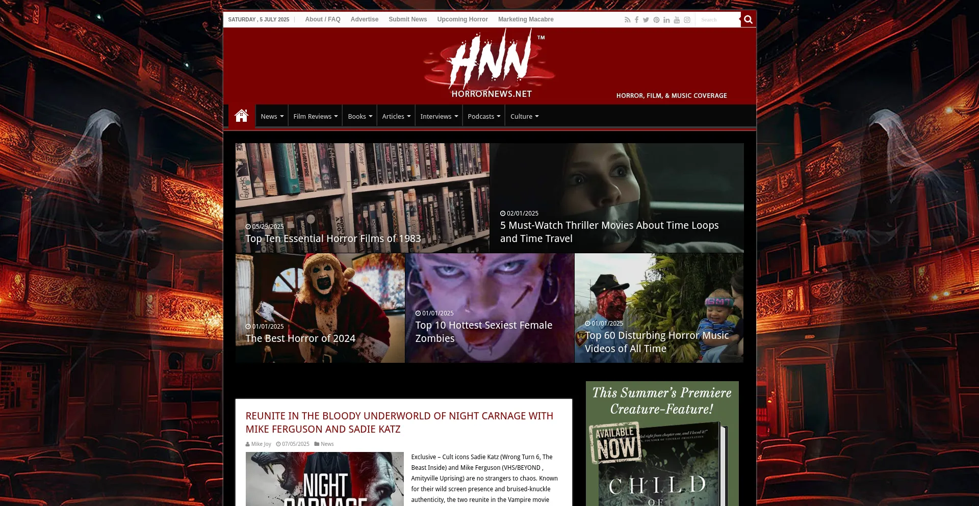 Website screenshot of Horrornews.net
