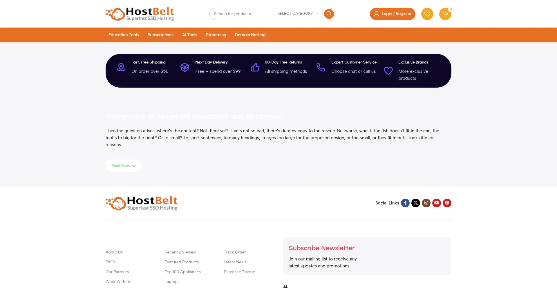 Website screenshot of Hostbelt.com