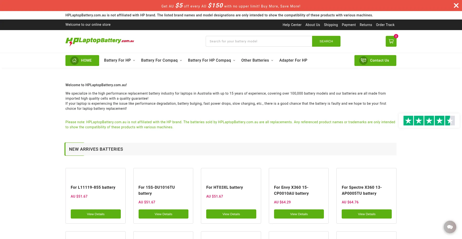 Website screenshot of Hplaptopbattery.com.au