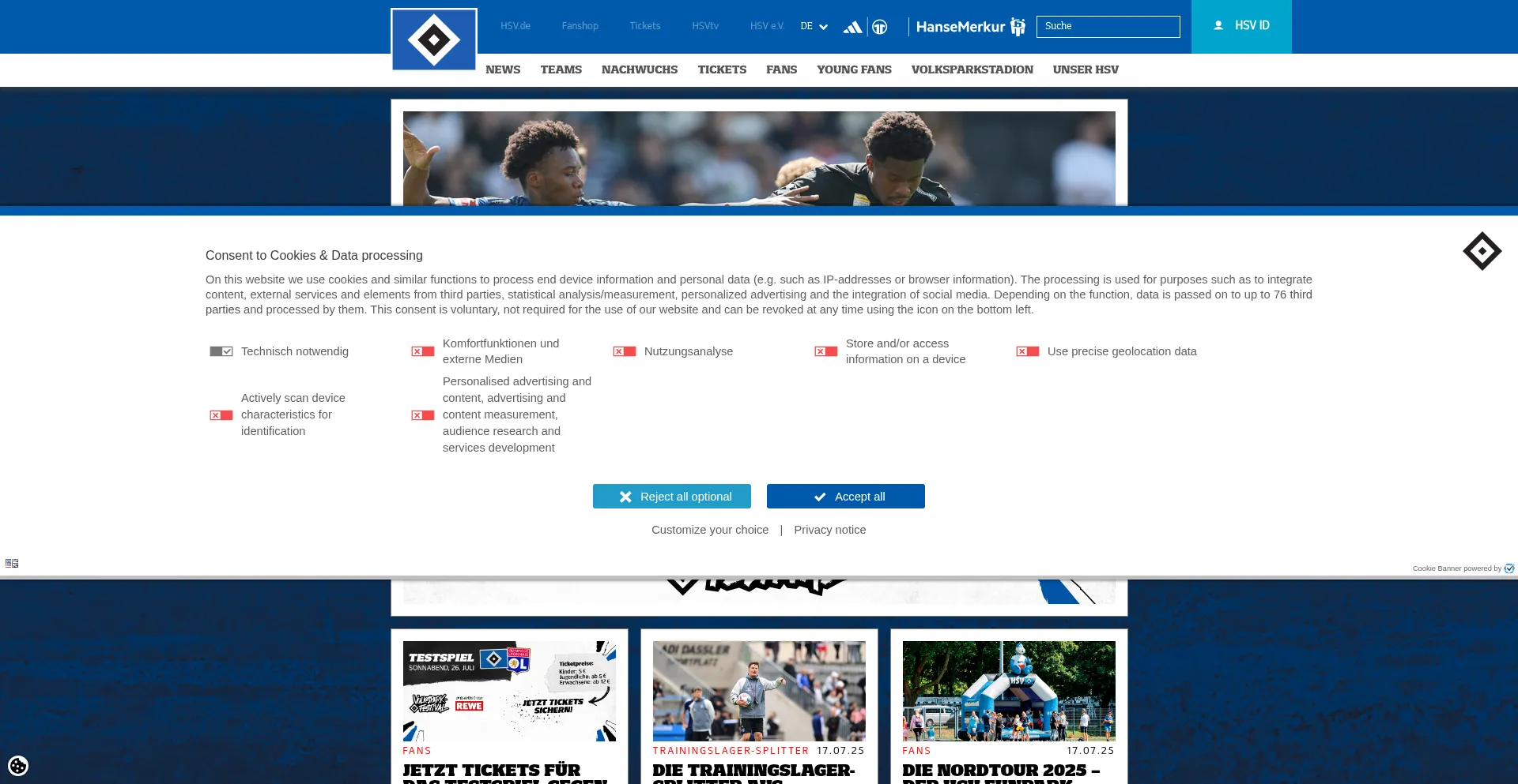 Website screenshot of Hsv.de
