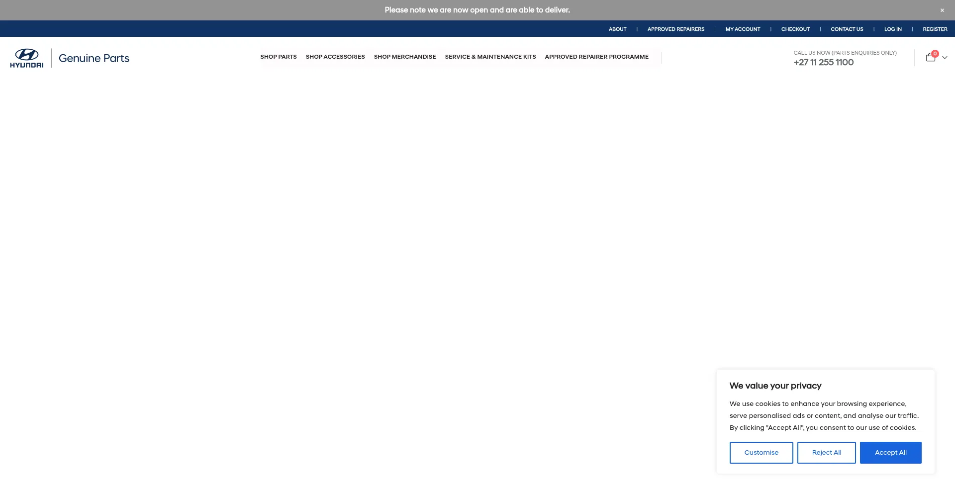 Website screenshot of Hyundaiparts.co.za