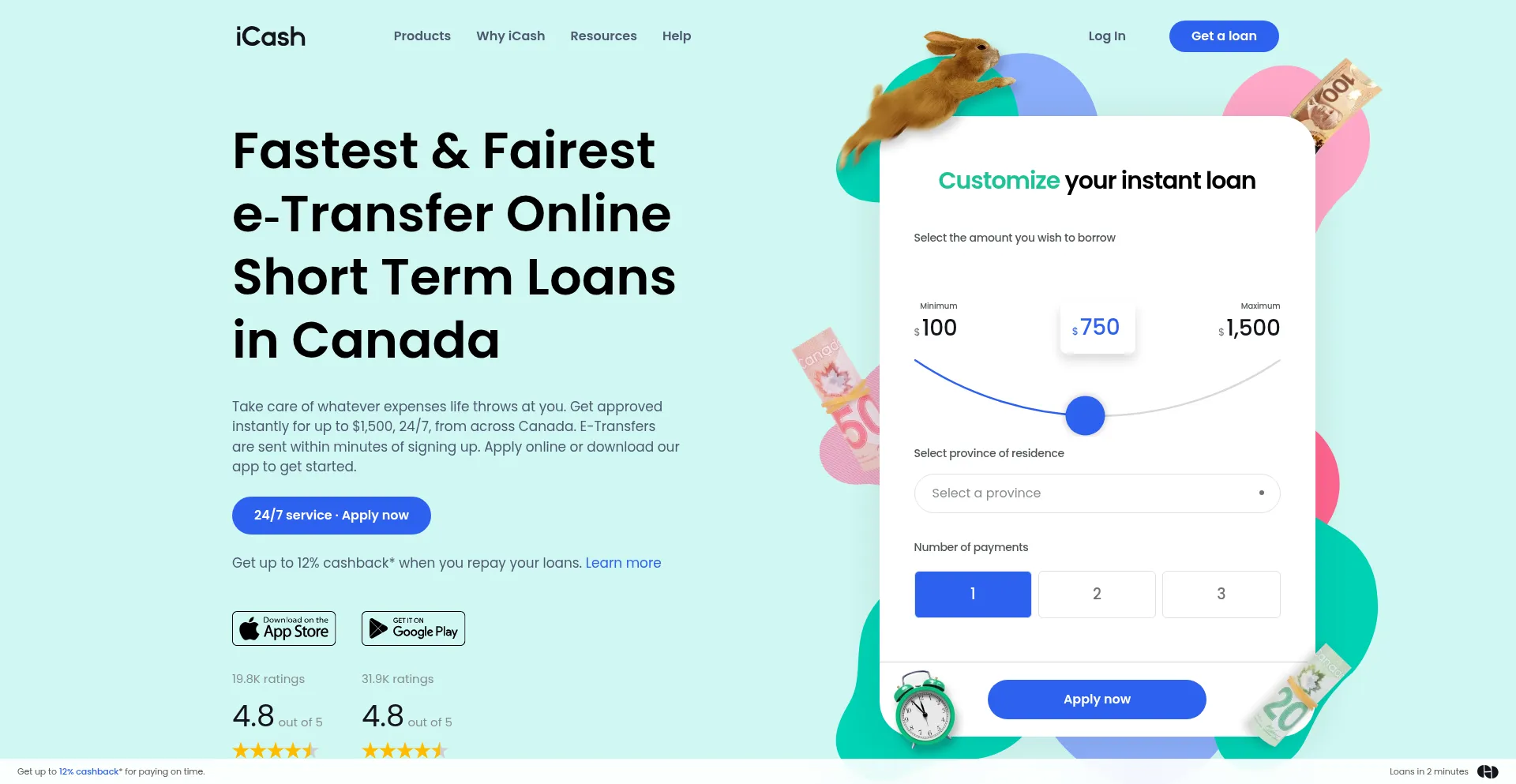 Website screenshot of Icash.ca