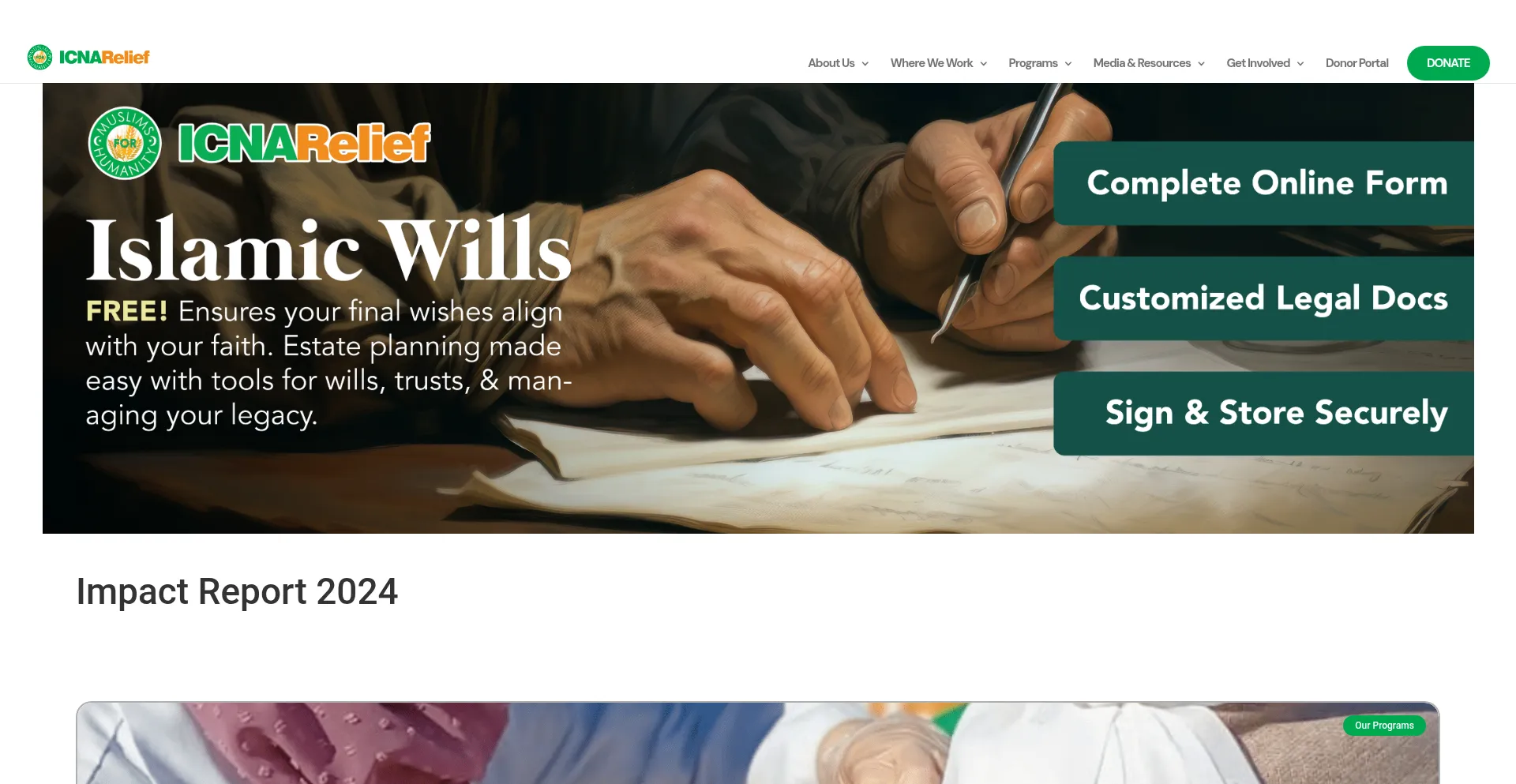 Website screenshot of Icnarelief.org