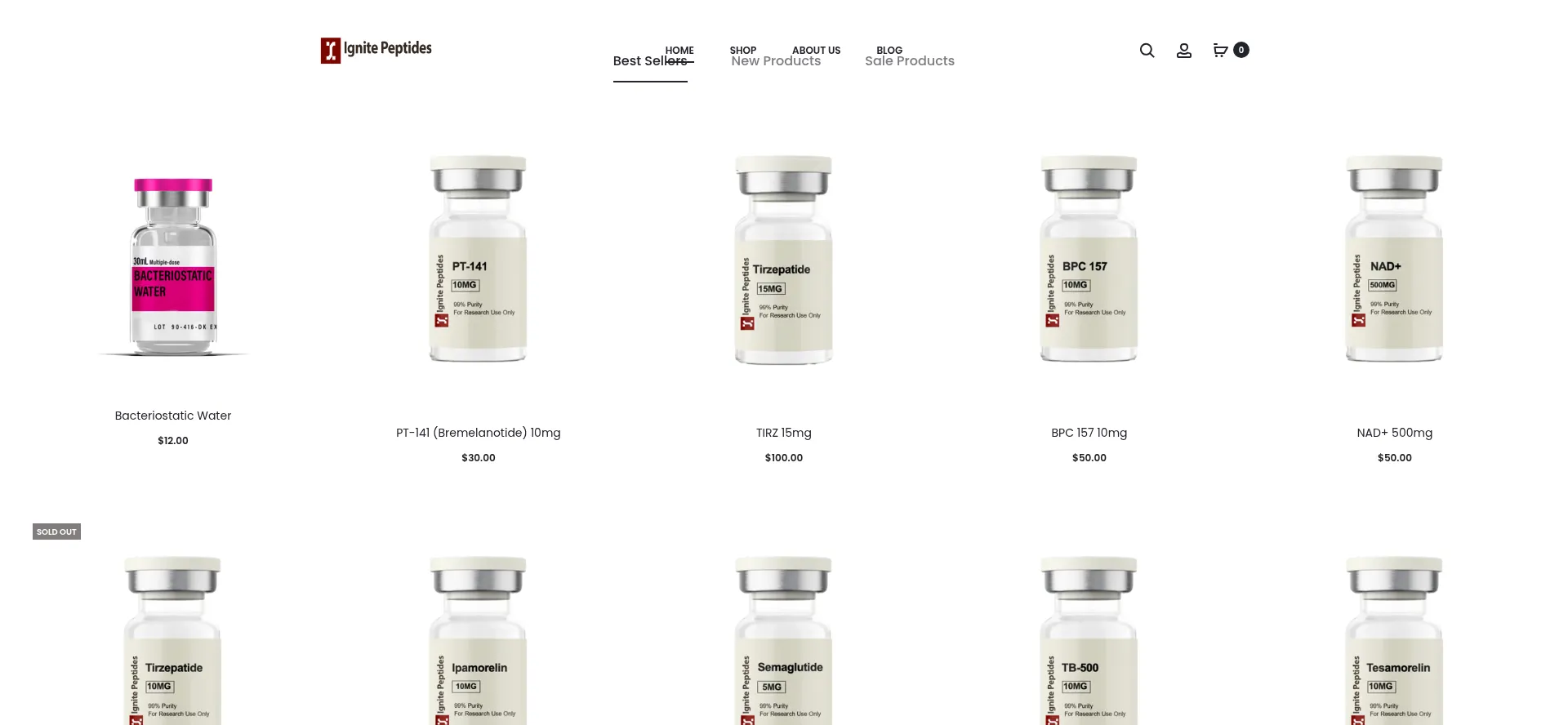 Website screenshot of Ignitepeptides.com