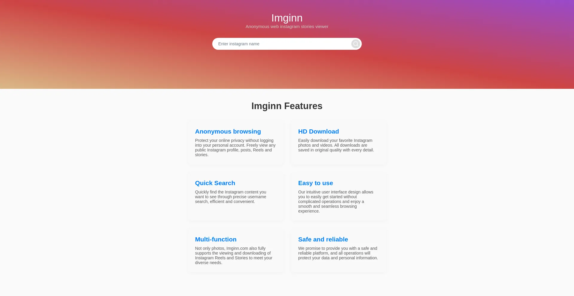Website screenshot of Imginn.com