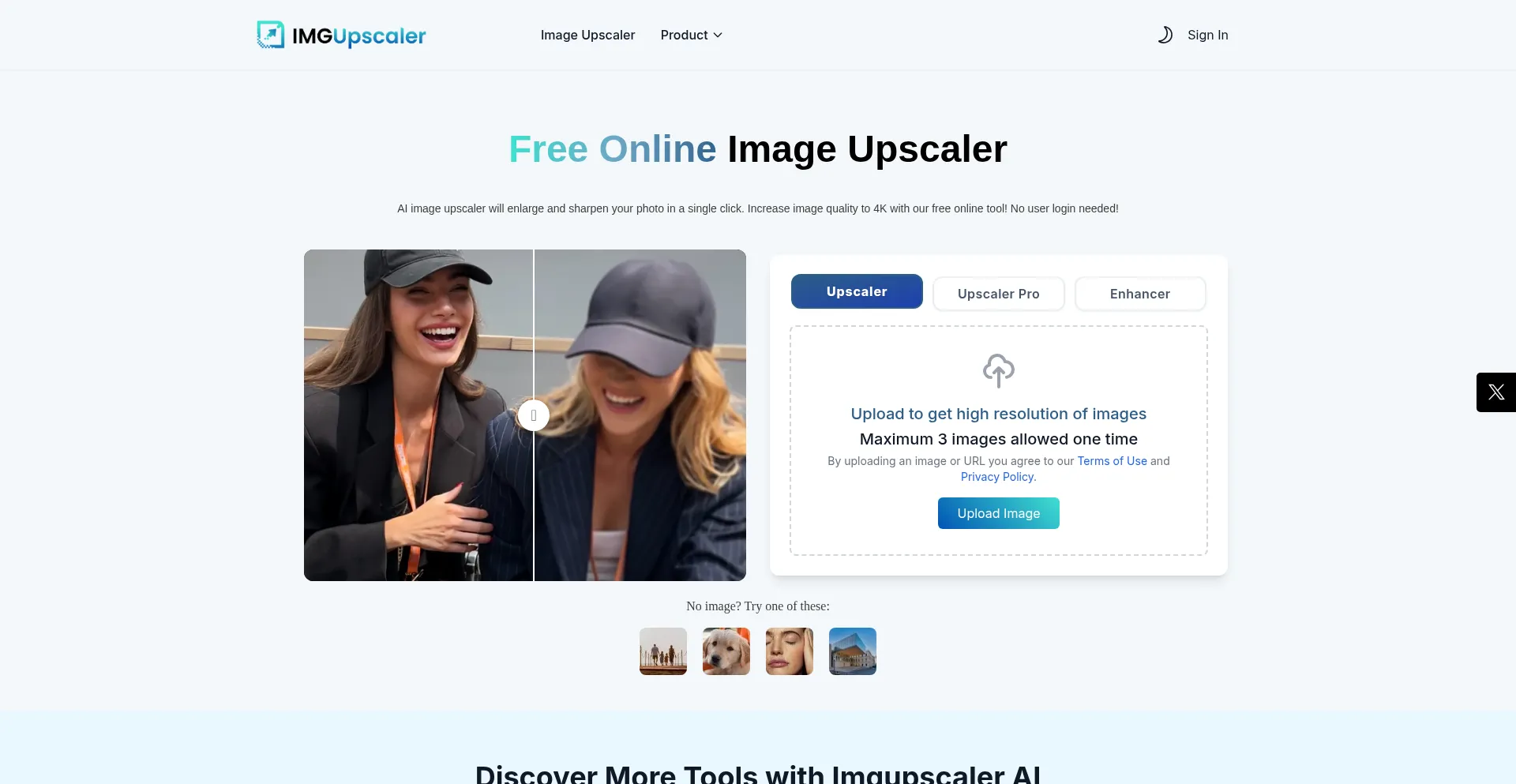 Website screenshot of Imgupscaler.ai