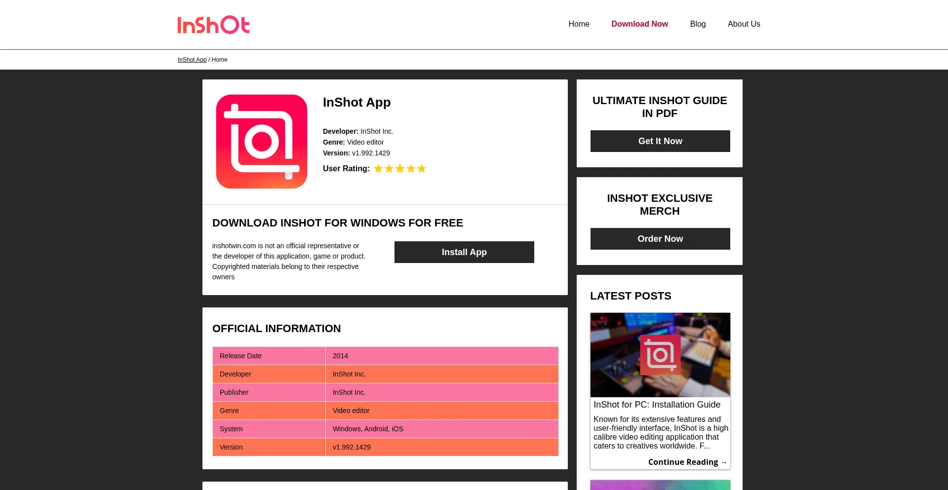 Website screenshot of Inshotwin.com