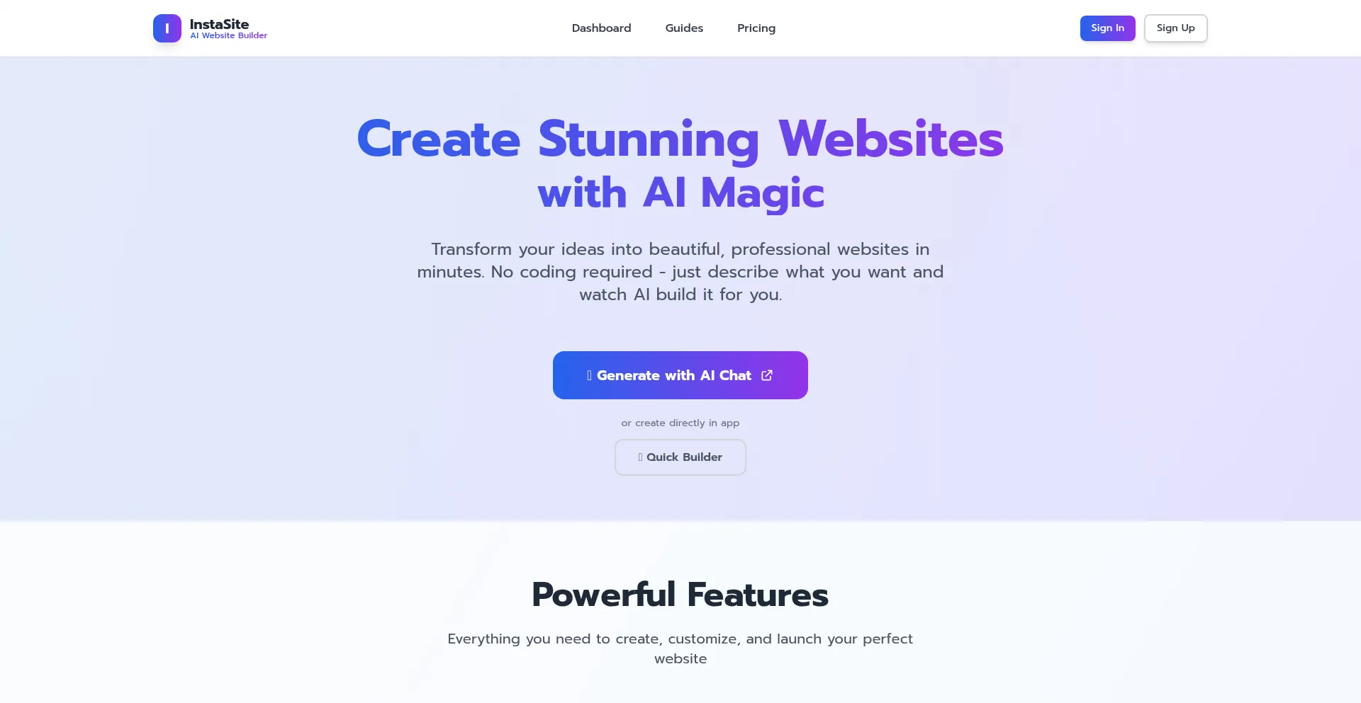 Website screenshot of Instasite.ai