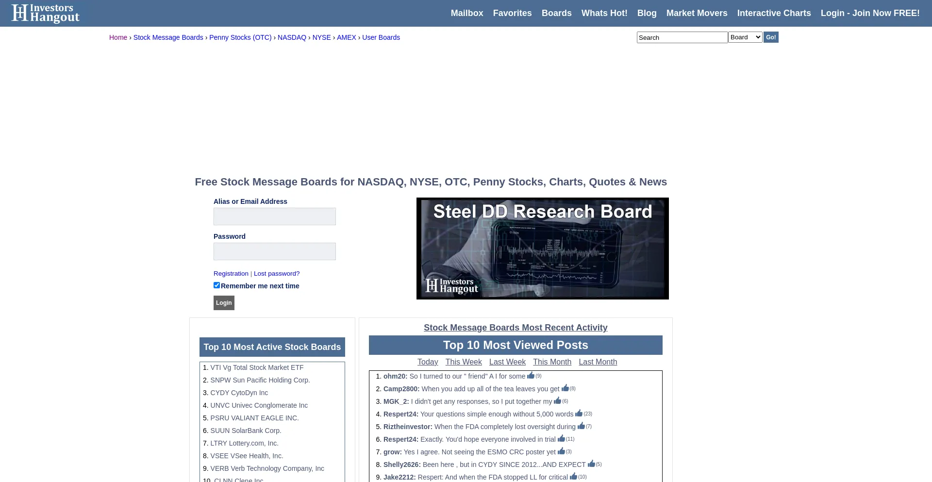 Website screenshot of Investorshangout.com