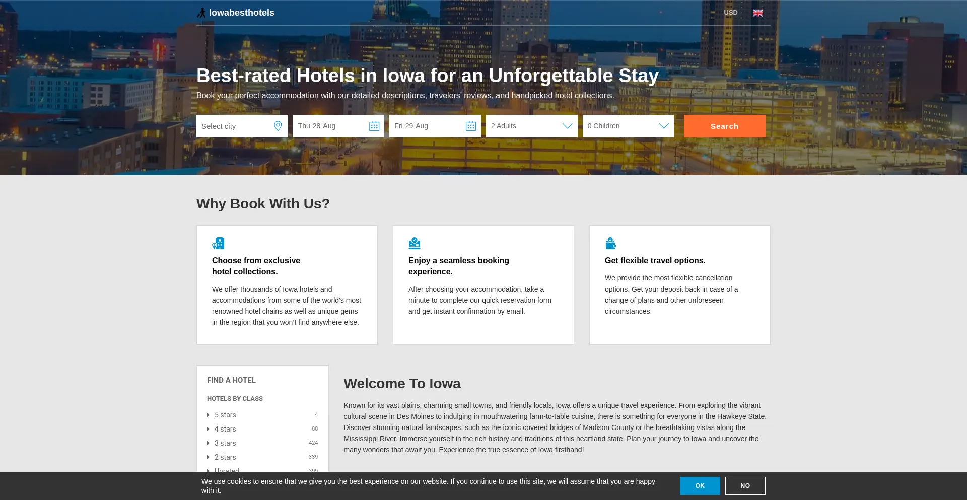 Website screenshot of Iowabesthotels.com
