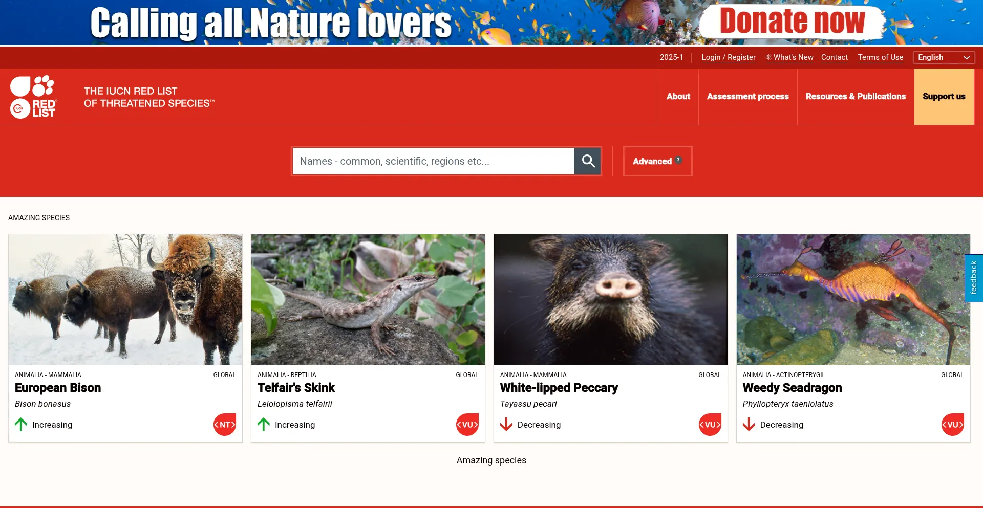 Website screenshot of Iucnredlist.org