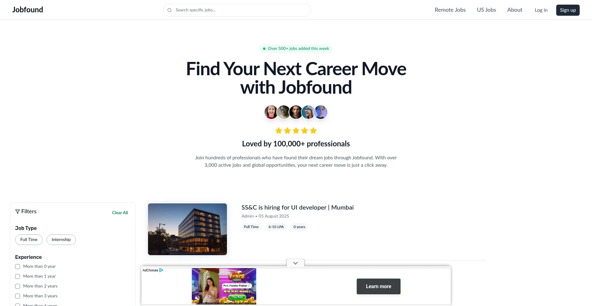 Website screenshot of Jobfound.org