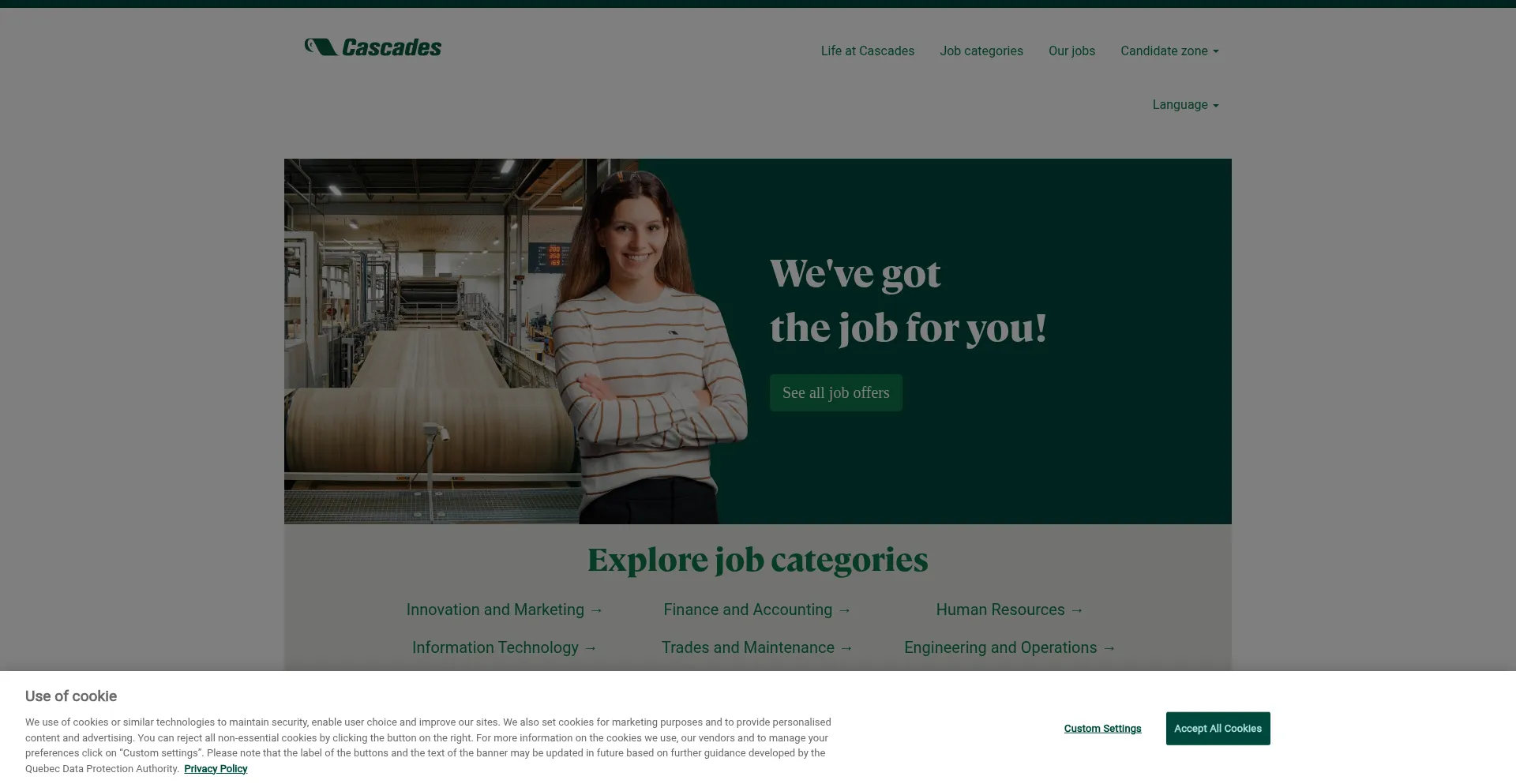 Website screenshot of Jobs.cascades.com