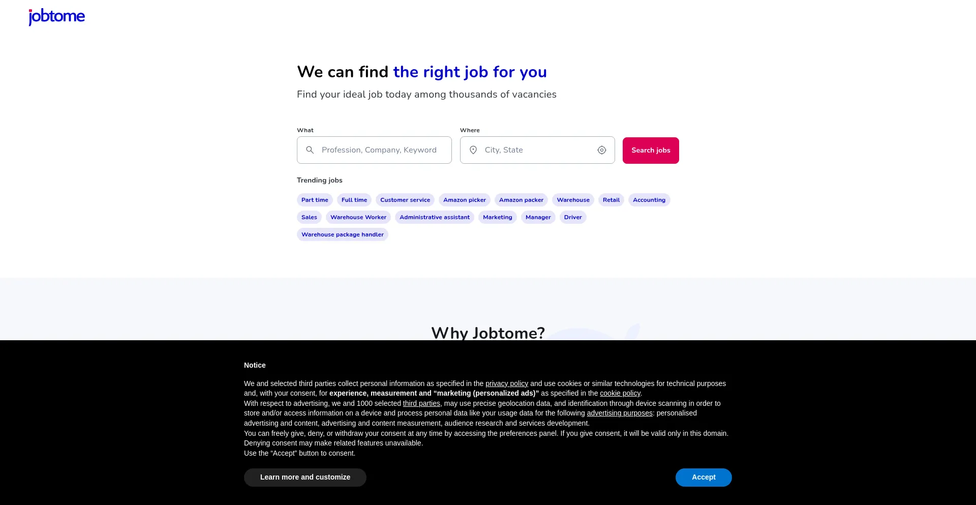 Website screenshot of Jobtome.com