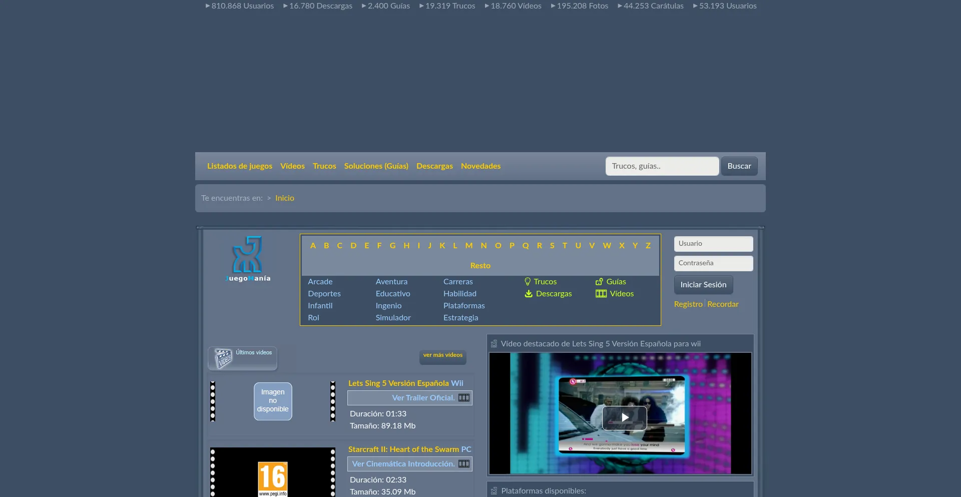 Website screenshot of Juegomania.org