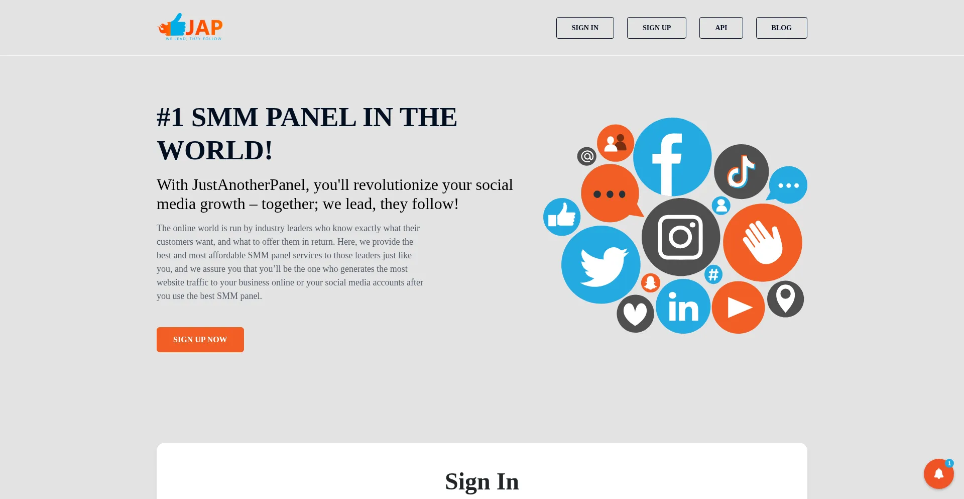 Website screenshot of Justanotherpanel.com