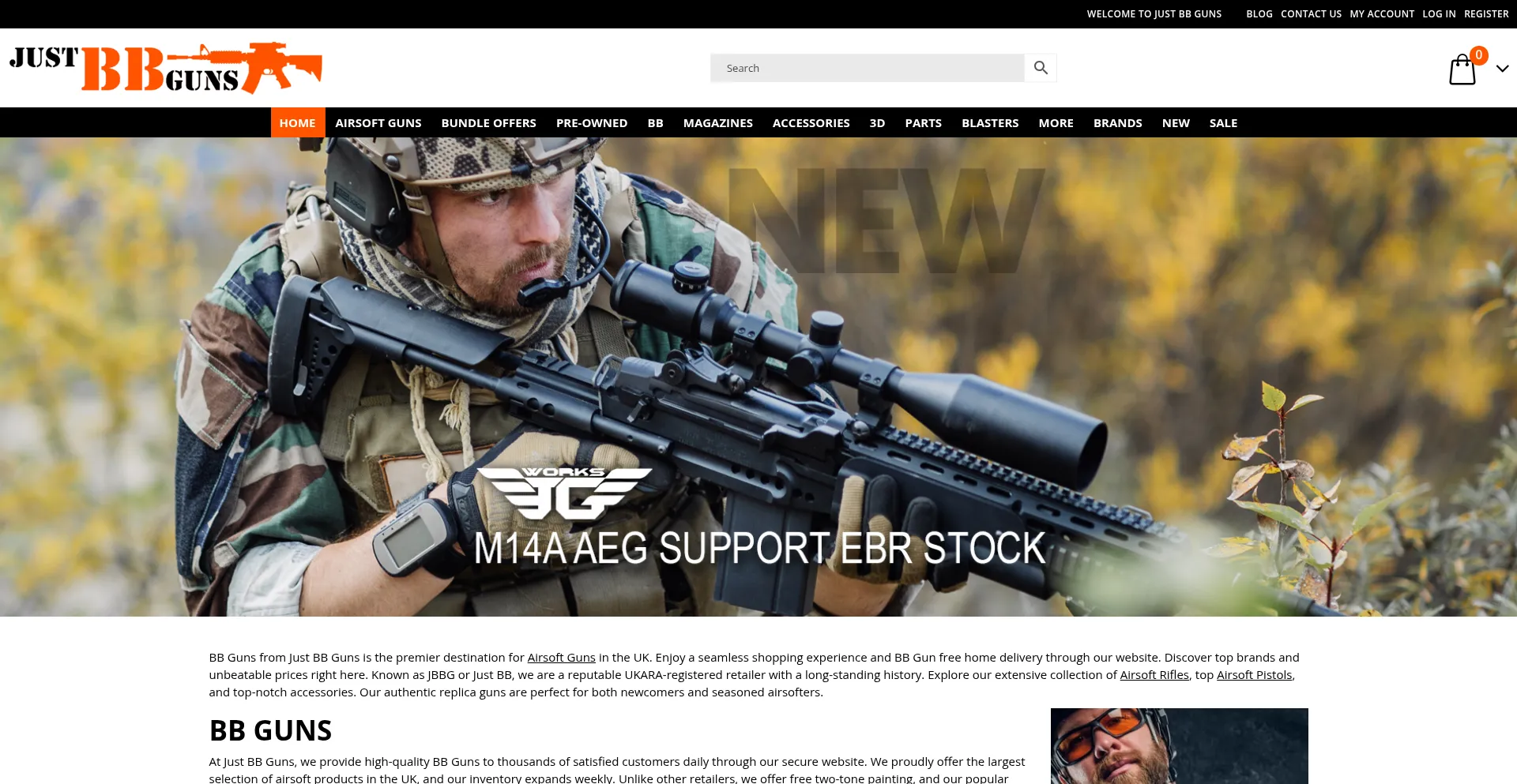Website screenshot of Justbbguns.co.uk
