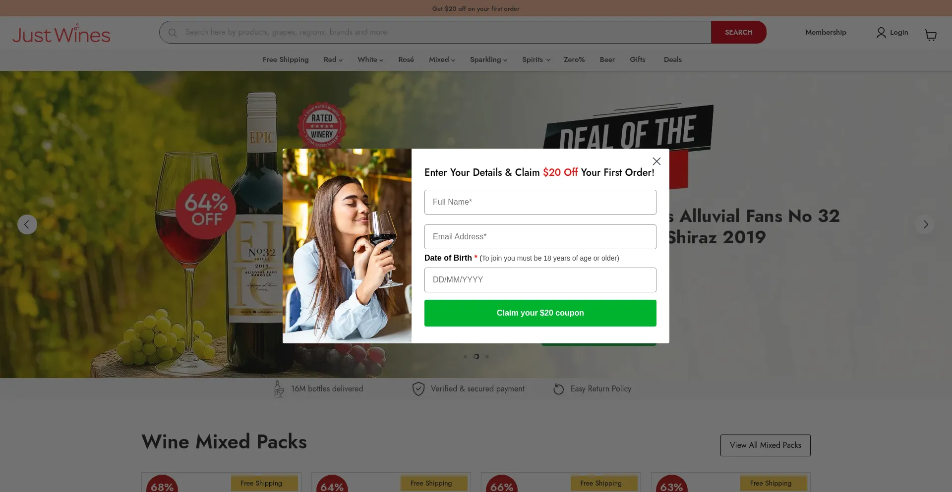 Website screenshot of Justwines.com.au