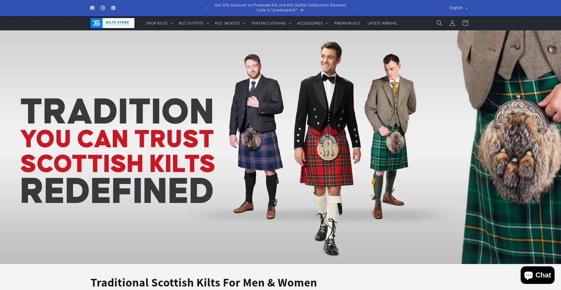 Website screenshot of Kiltsstore.com