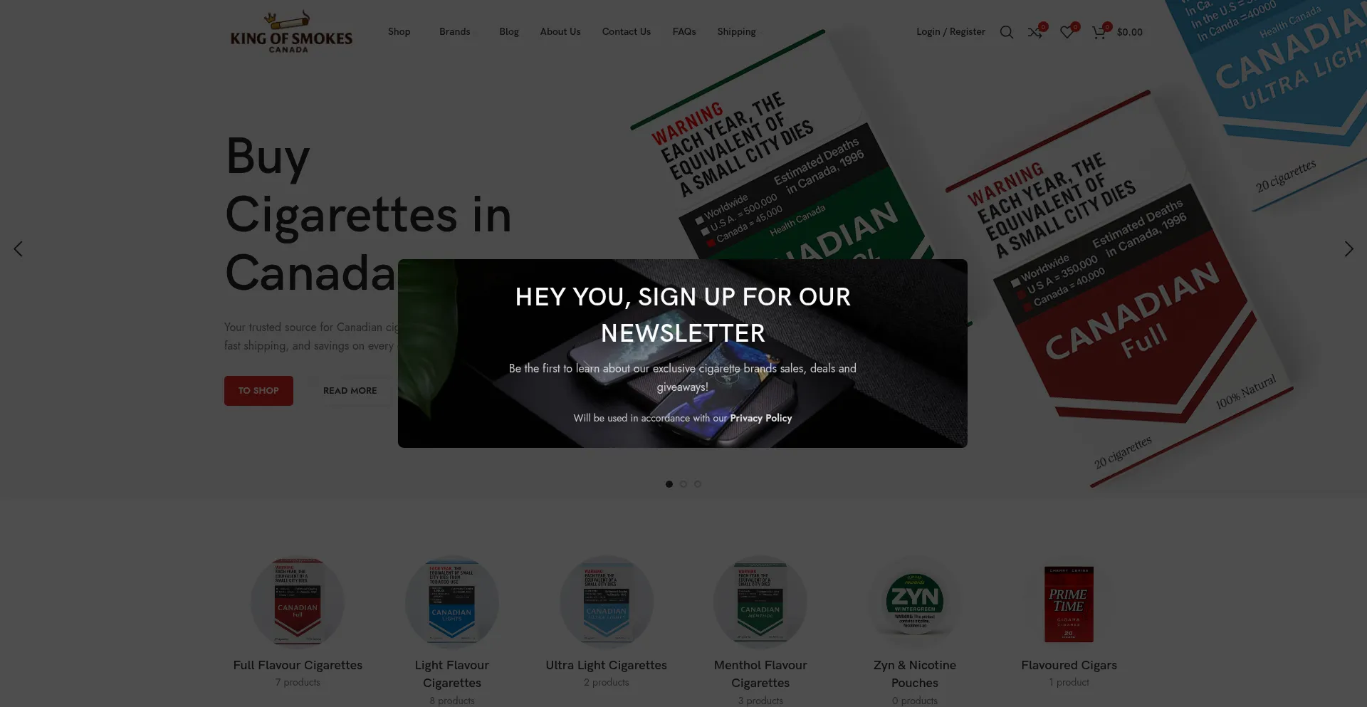 Website screenshot of Kingofsmokescanada.com