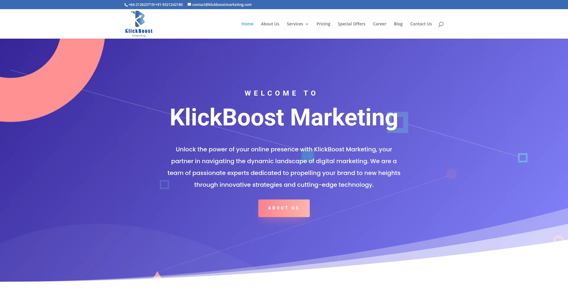 Website screenshot of Klickboostmarketing.com