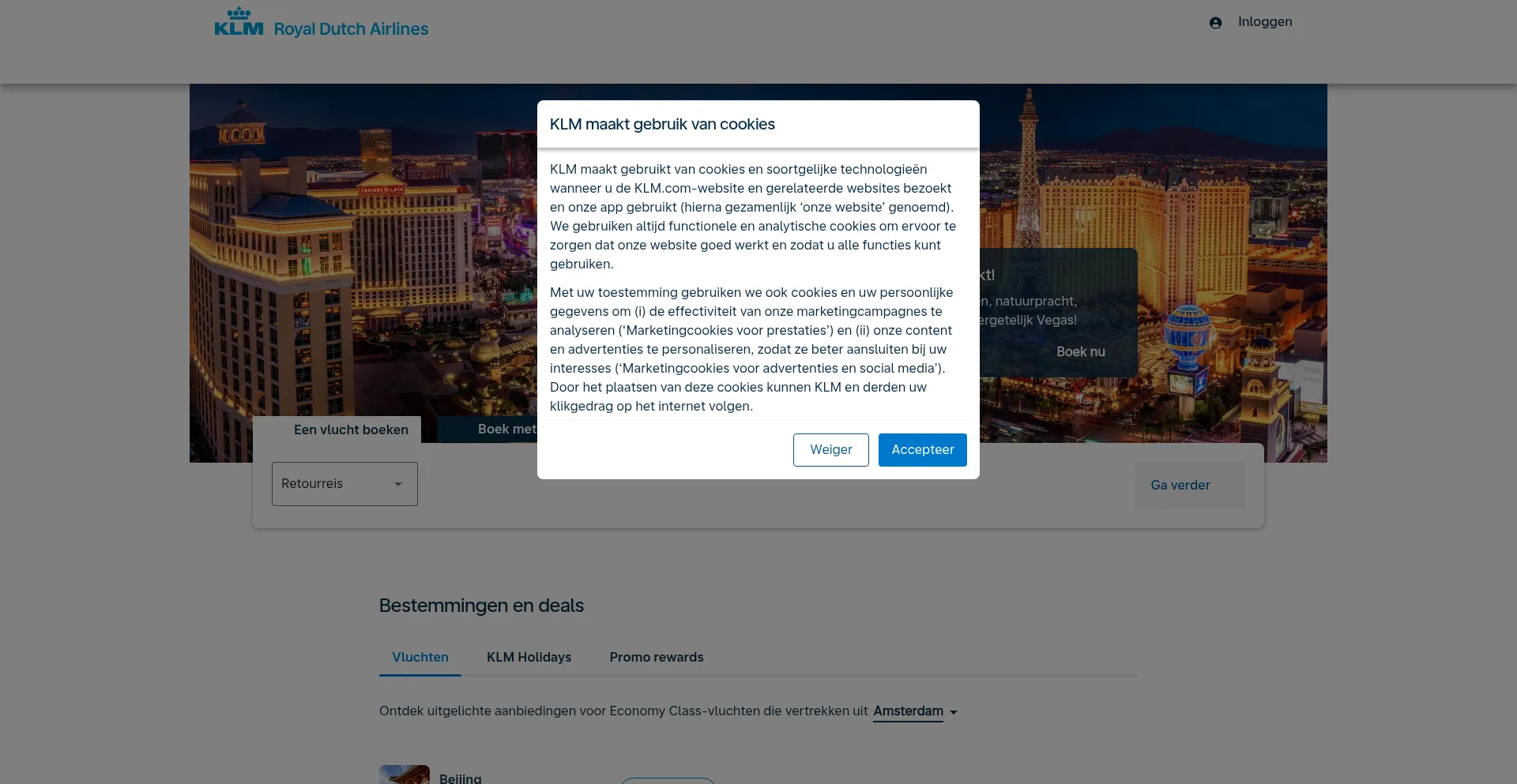 Website screenshot of Klm.nl