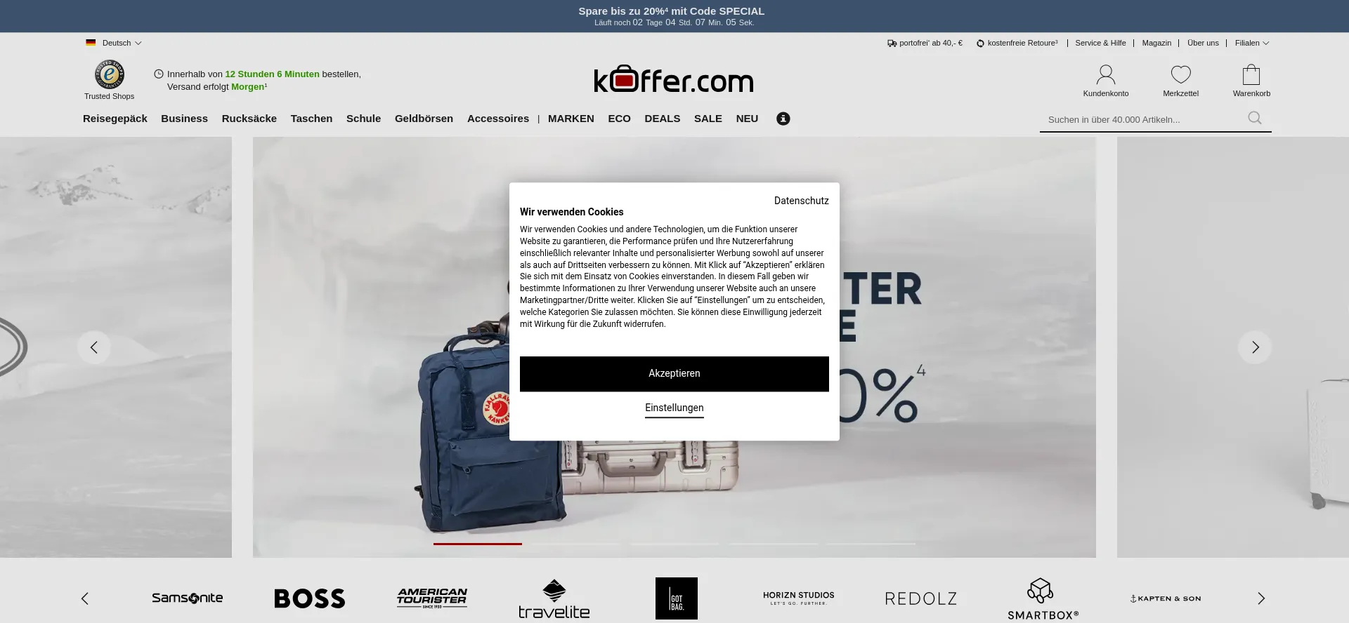 Website screenshot of Koffer.com