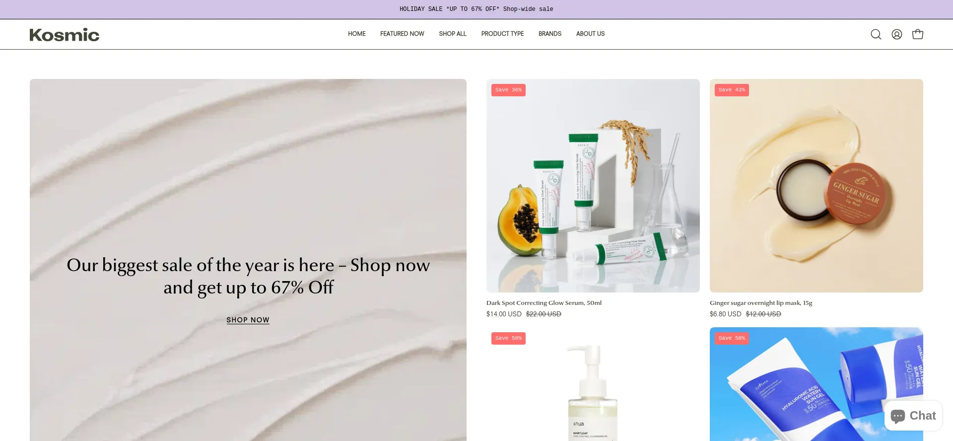 Website screenshot of Kosmicskincare.com