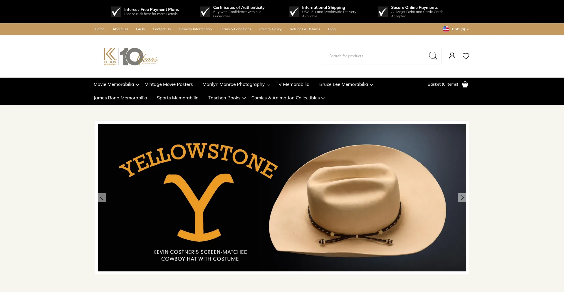Website screenshot of Kudosmemorabilia.com