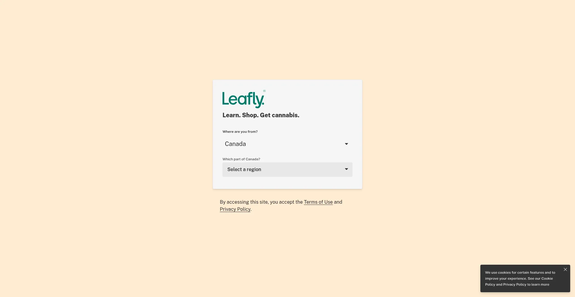 Website screenshot of Leafly.ca