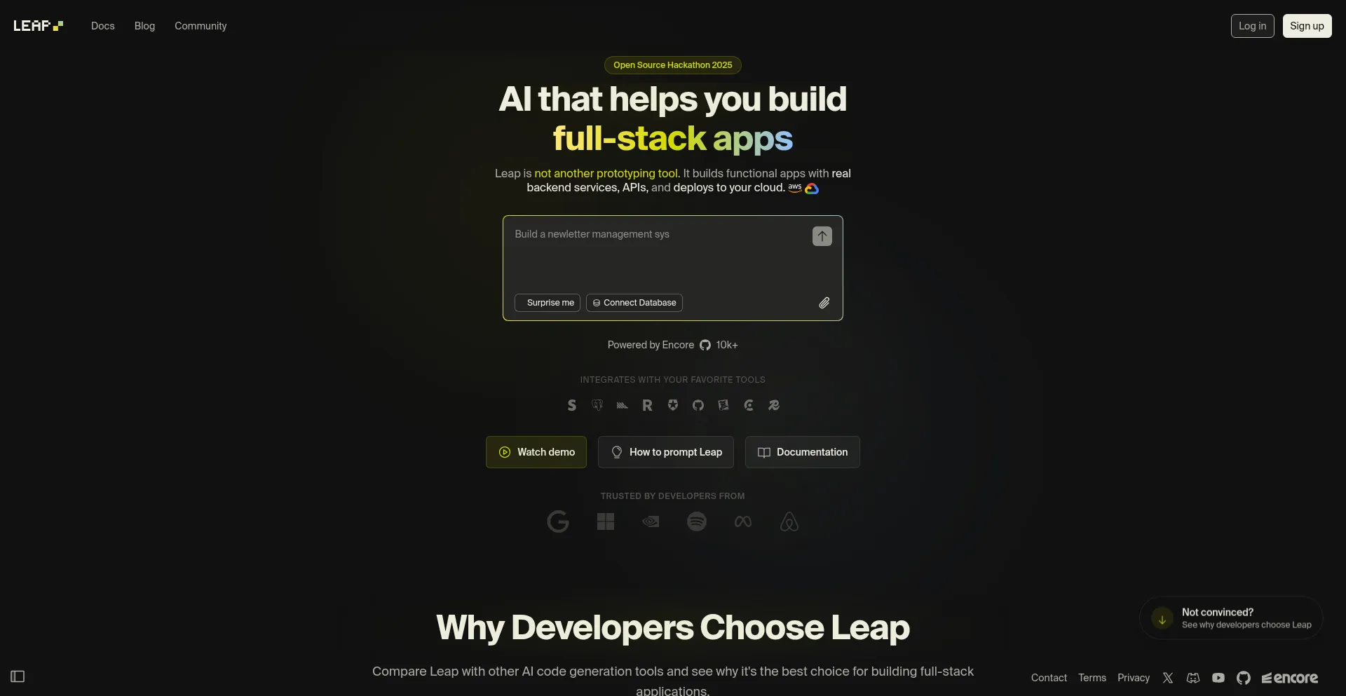 Website screenshot of Leap.new