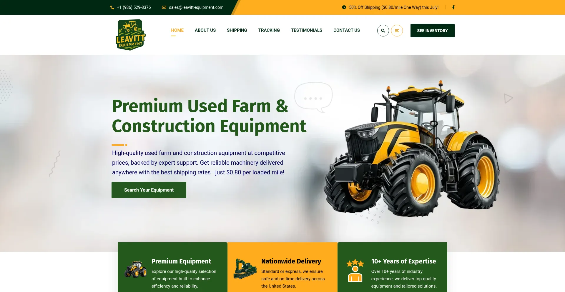 Website screenshot of Leavitt-equipment.com
