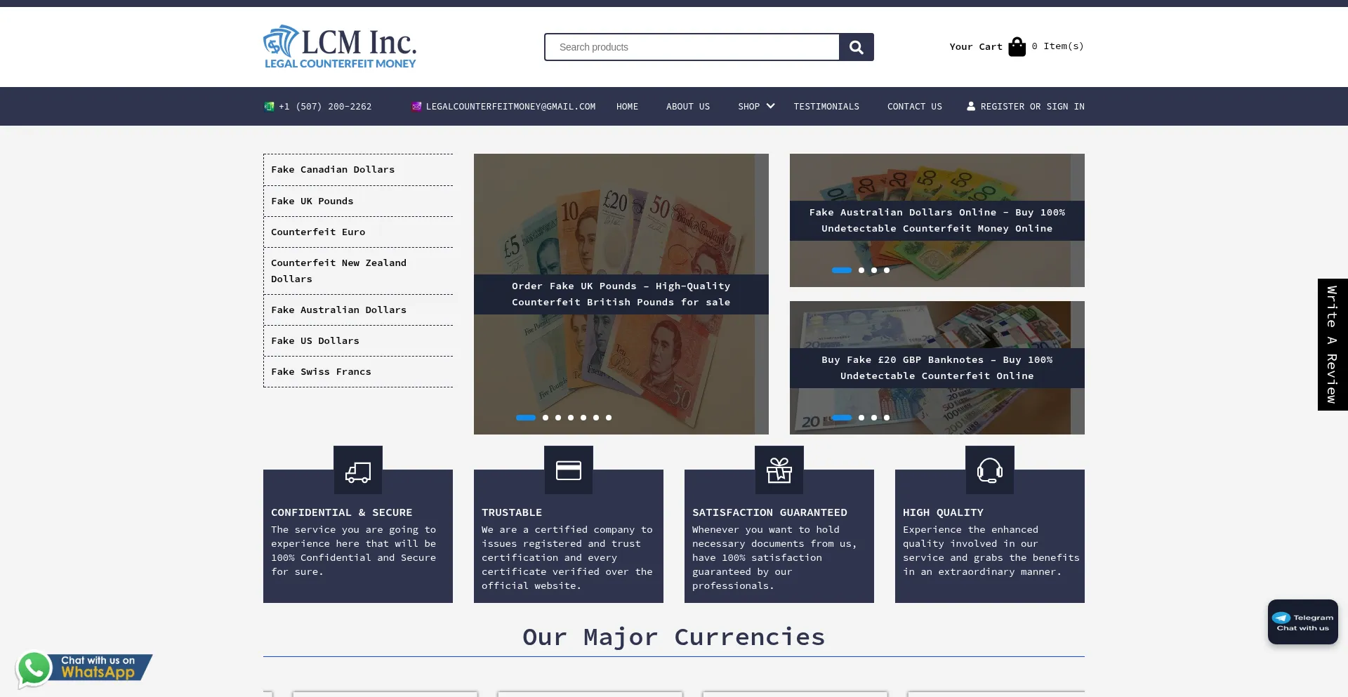 Website screenshot of Legalcounterfeitmoney.com