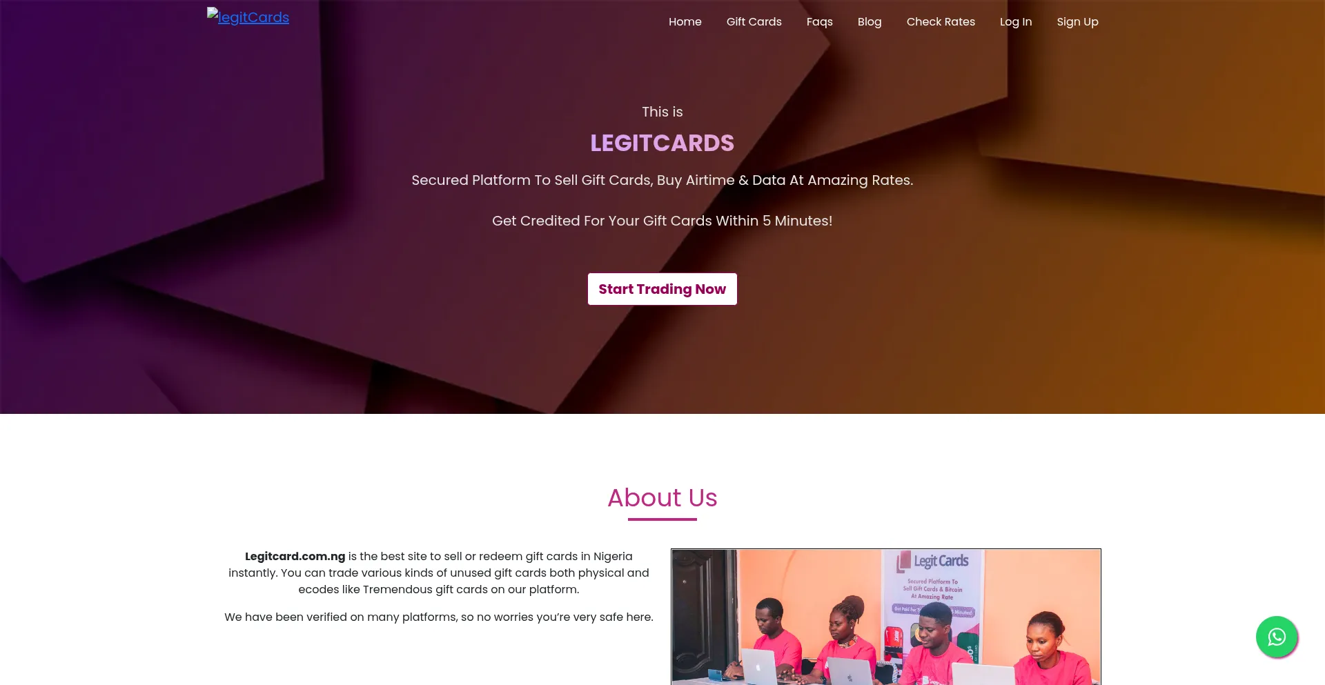 Website screenshot of Legitcards.com.ng