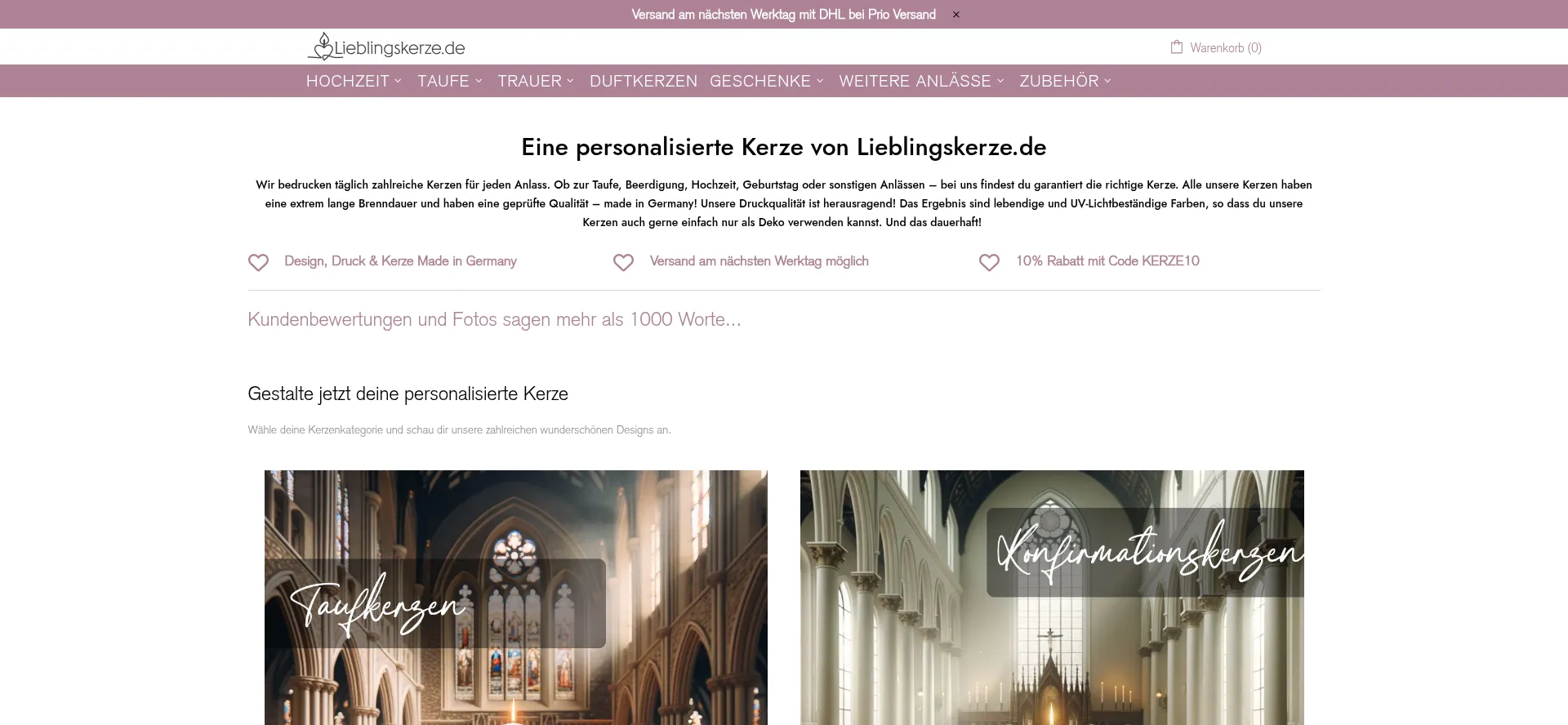 Website screenshot of Lieblingskerze.de