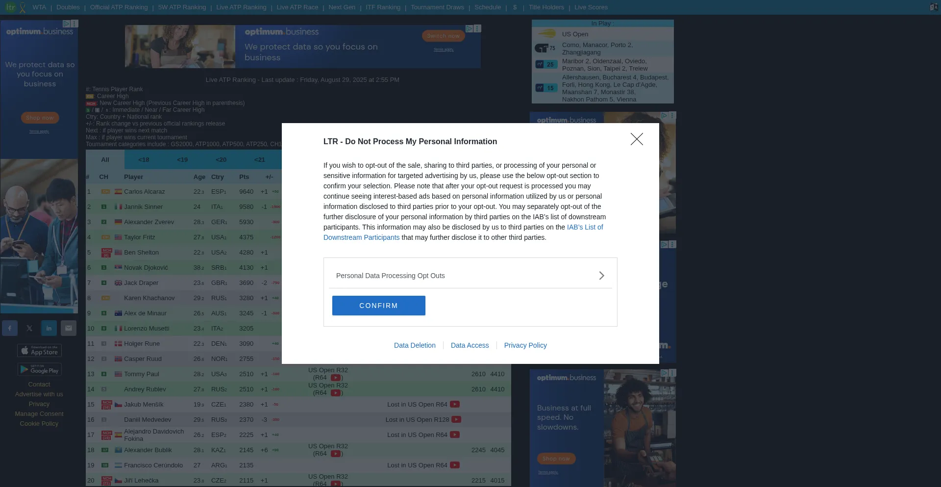 Website screenshot of Live-tennis.eu