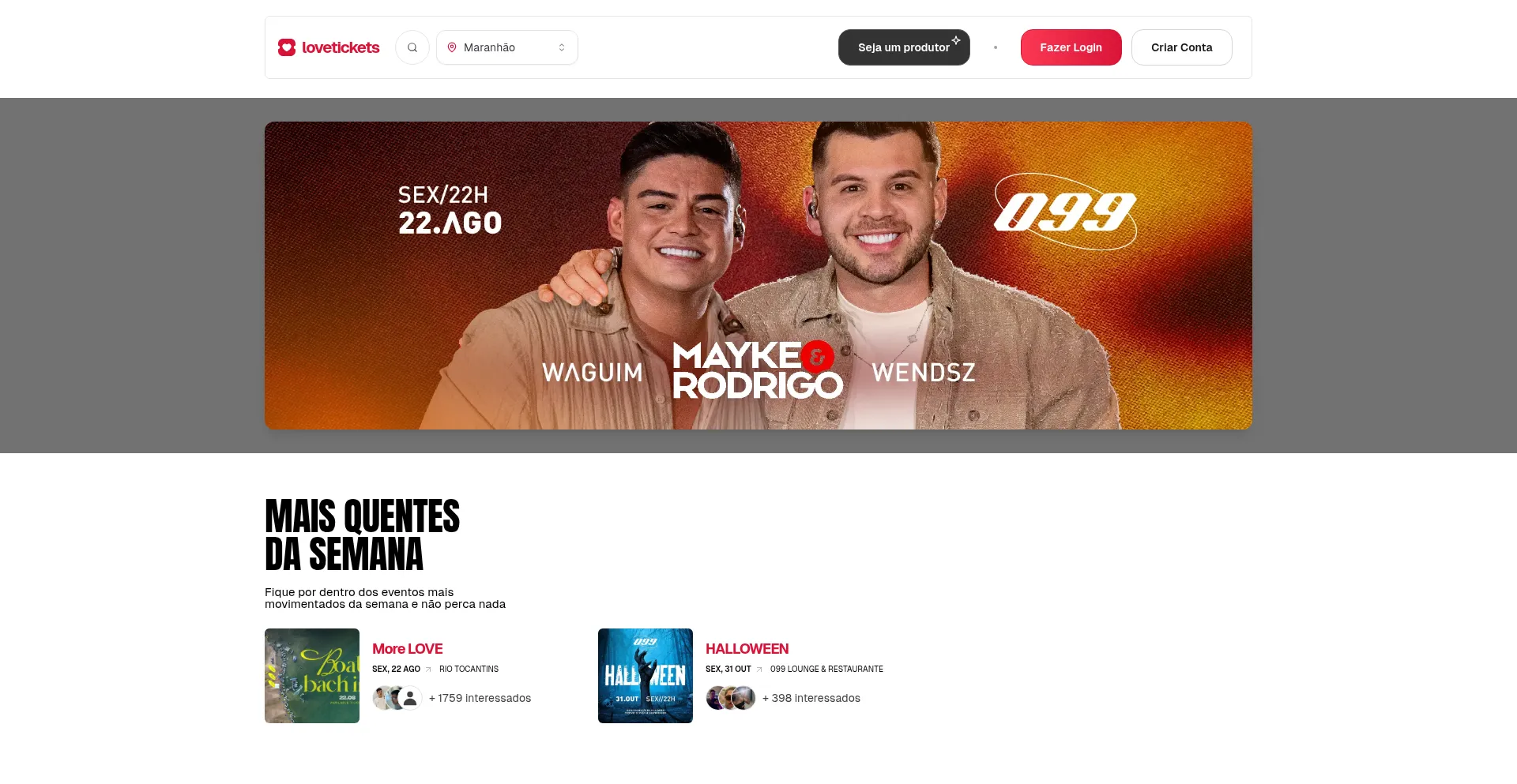 Website screenshot of Lovetickets.com.br