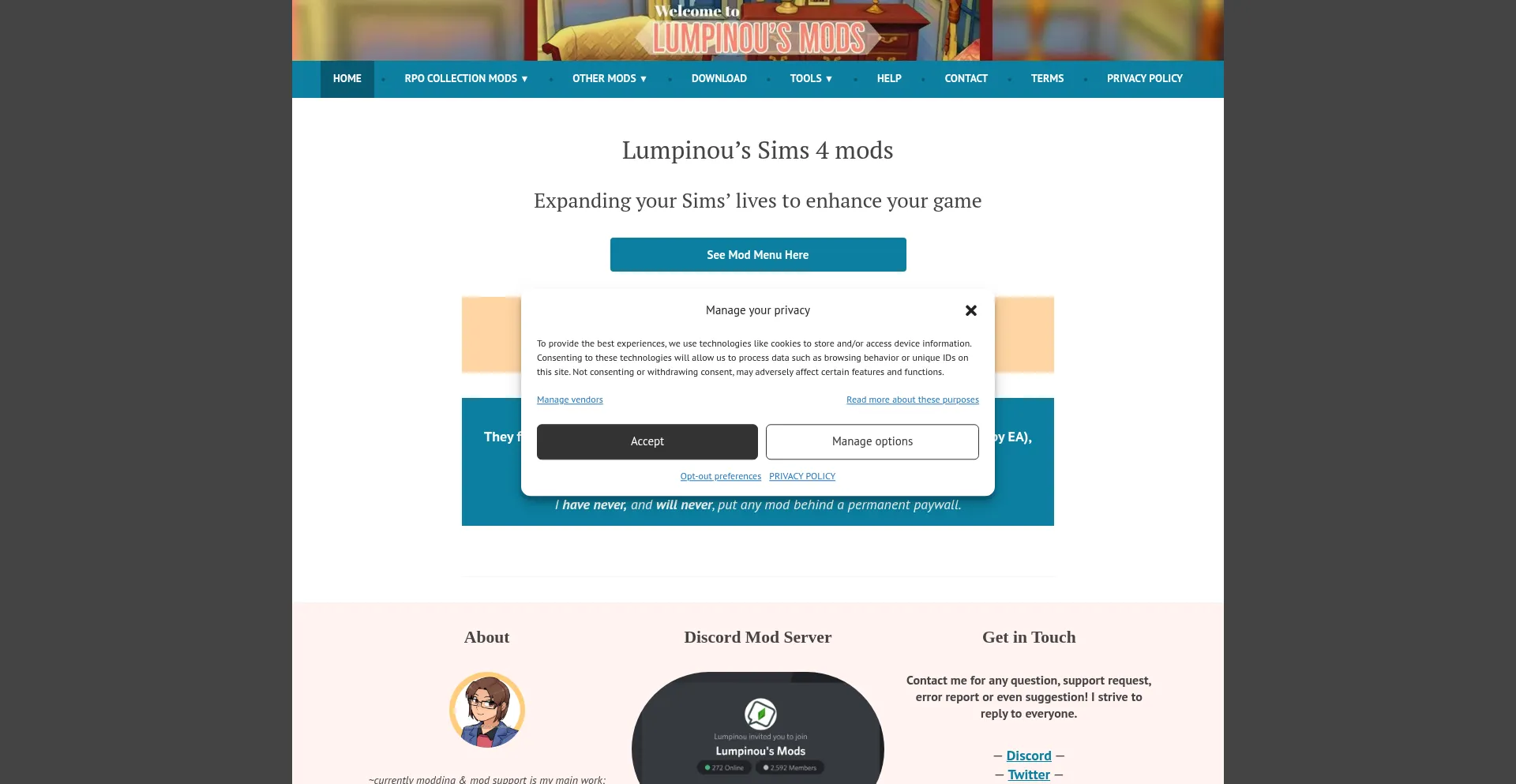 Website screenshot of Lumpinoumods.com
