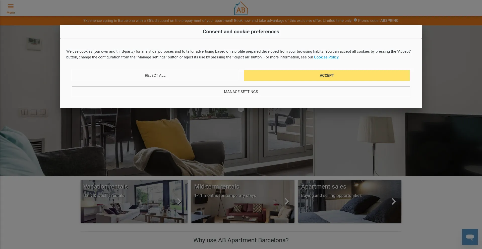 Website screenshot of M.apartmentbarcelona.com