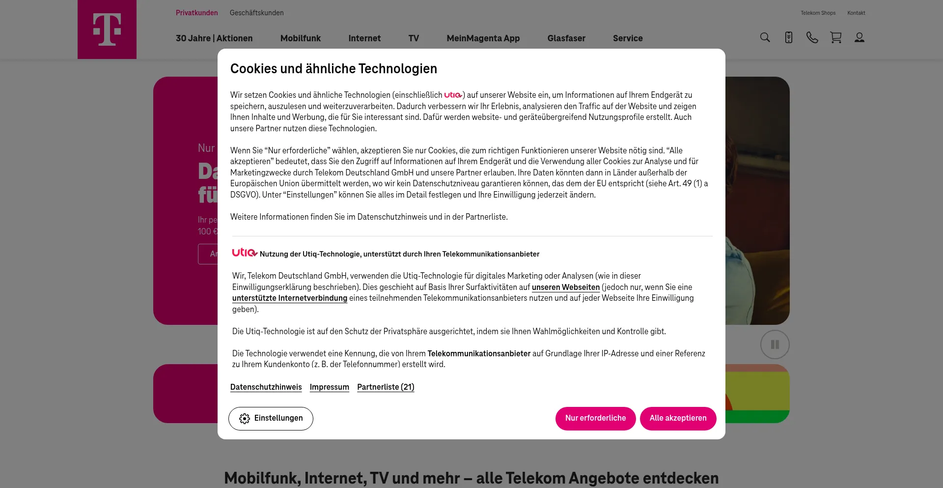 Website screenshot of Magenta.de