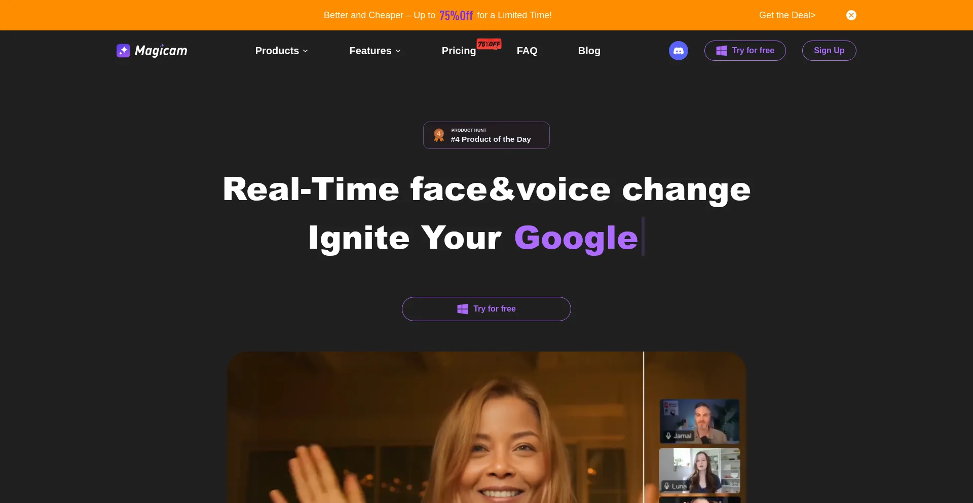 Website screenshot of Magicam.ai