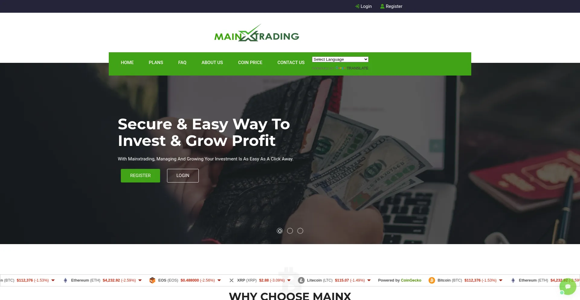Website screenshot of Mainxtrading.com