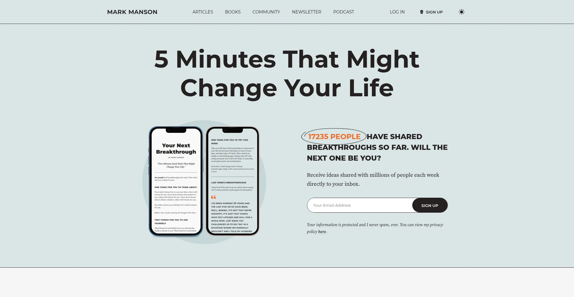 Website screenshot of Markmanson.net