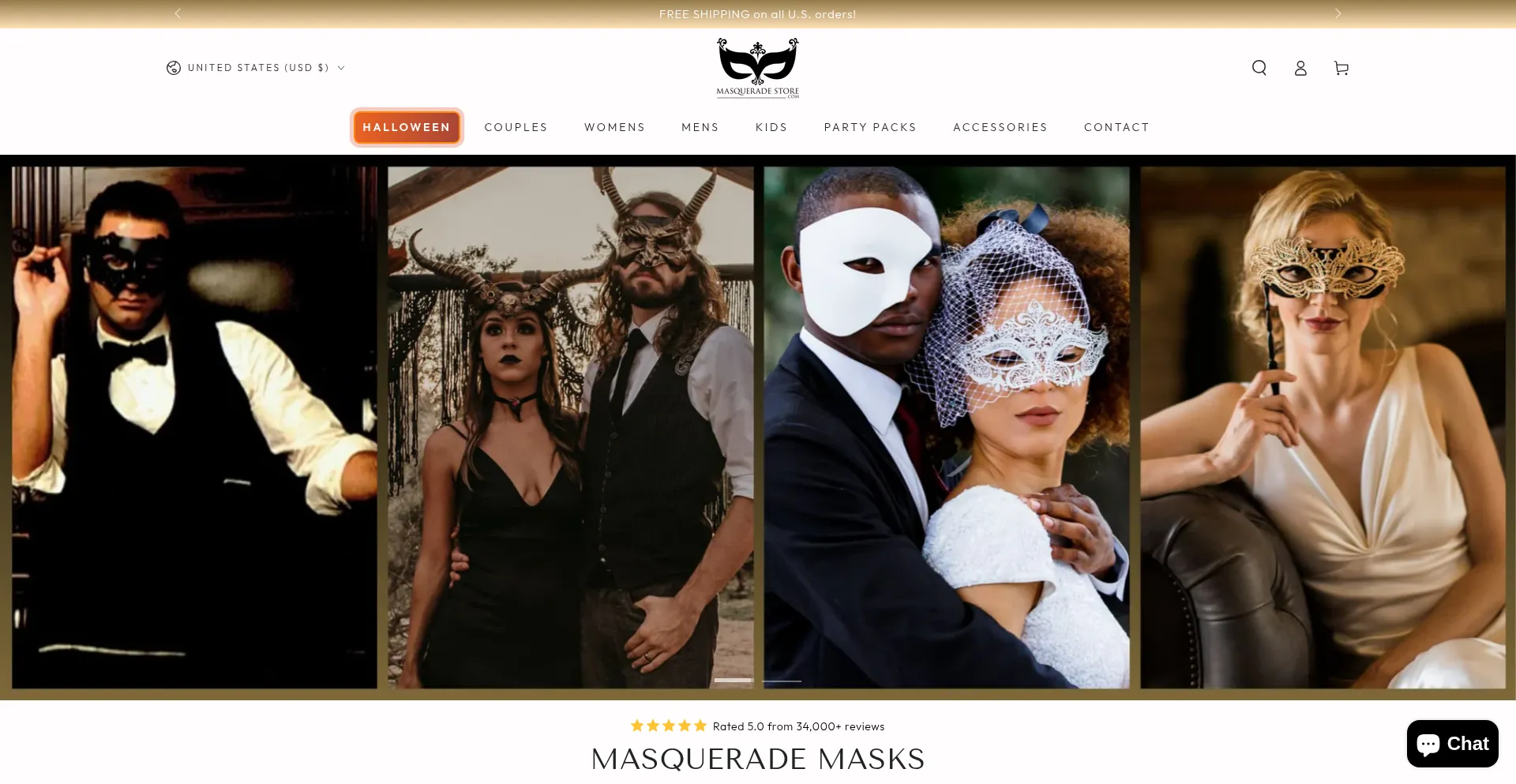 Website screenshot of Masqueradestore.com