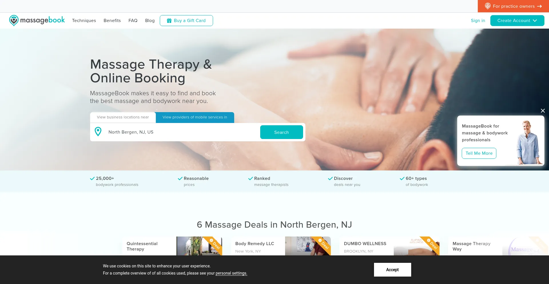 Website screenshot of Massagebook.com