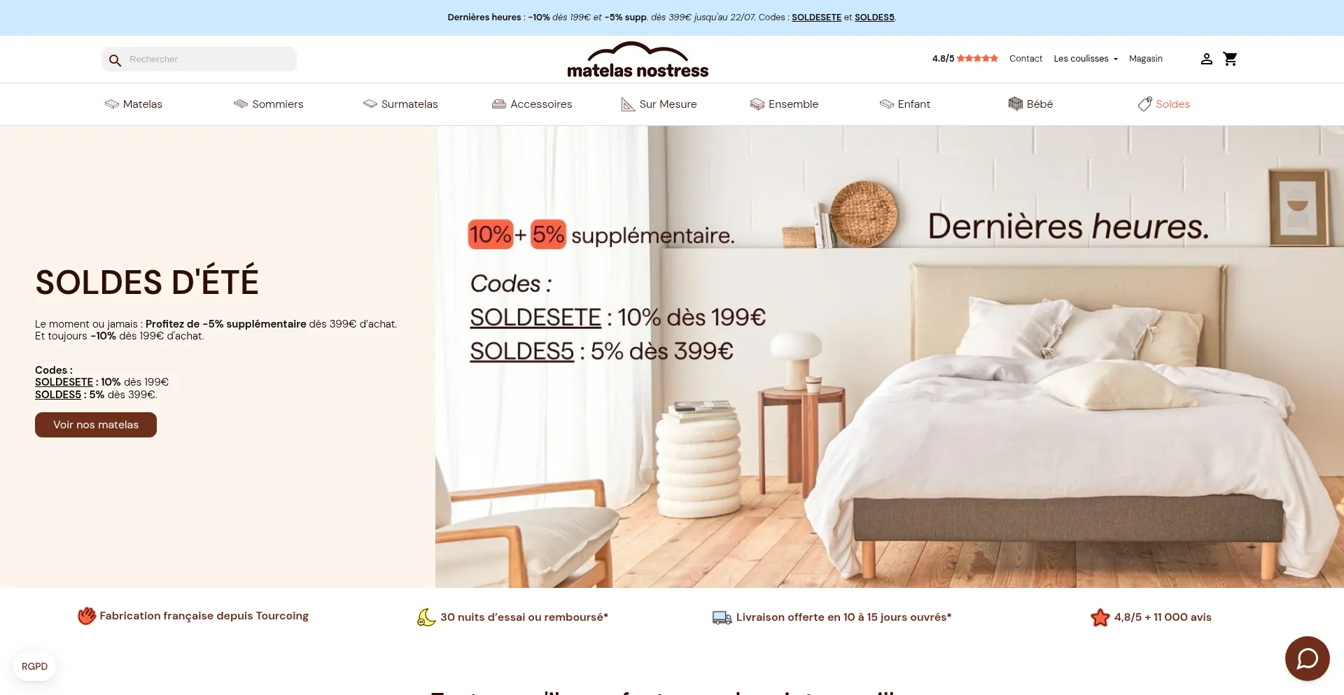 Website screenshot of Matelasnostress.fr