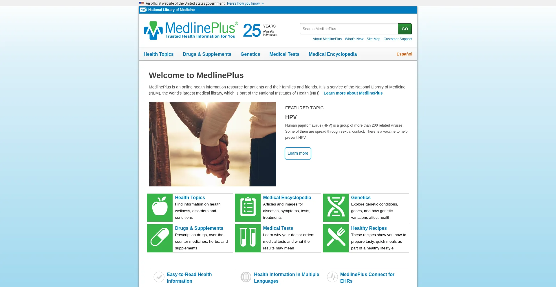 Website screenshot of Medlineplus.gov